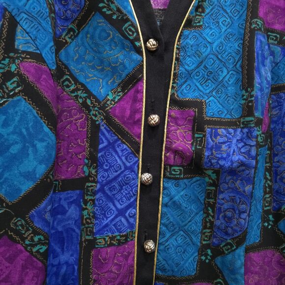 VTG 80s Colorful Blue Blouse Sz22 Glam Gold Buttons Statement Shoulder Pads 90s - Picture 5 of 16